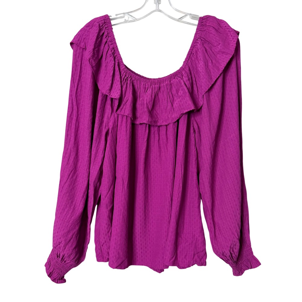 Knox Rose Blouse Womens Medium Magenta Ruffle Neck Swiss Dot Long Sleeve Top